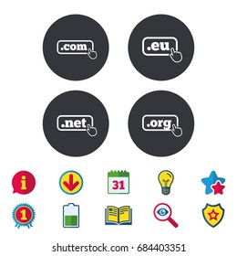 Top-level internet domain icons. Com, Eu, Net and Org symbols with hand pointer. Unique DNS names. Calendar, Information and Download signs. Stars, Award and Book icons. Light bulb, Shield and Search