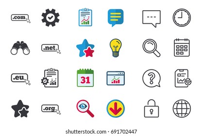 Top-level internet domain icons. Com, Eu, Net and Org symbols with cursor pointer. Unique DNS names. Chat, Report and Calendar signs. Stars, Statistics and Download icons. Question, Clock and Globe