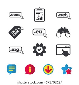 Top-level internet domain icons. Com, Eu, Net and Org symbols with cursor pointer. Unique DNS names. Browser window, Report and Service signs. Binoculars, Information and Download icons. Vector