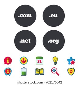 Top-level internet domain icons. Com, Eu, Net and Org symbols. Unique DNS names. Calendar, Information and Download signs. Stars, Award and Book icons. Light bulb, Shield and Search. Vector