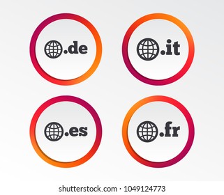 Top-level internet domain icons. De, It, Es and Fr symbols with globe. Unique national DNS names. Infographic design buttons. Circle templates. Vector