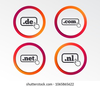 Top-level internet domain icons. De, Com, Net and Nl symbols with hand pointer. Unique national DNS names. Infographic design buttons. Circle templates. Vector