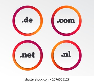 Top-level internet domain icons. De, Com, Net and Nl symbols. Unique national DNS names. Infographic design buttons. Circle templates. Vector