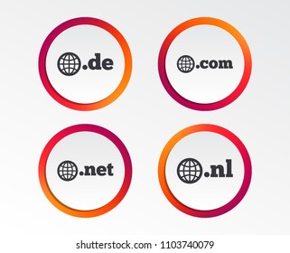 Top-level internet domain icons. De, Com, Net and Nl symbols with globe. Unique national DNS names. Infographic design buttons. Circle templates. Vector