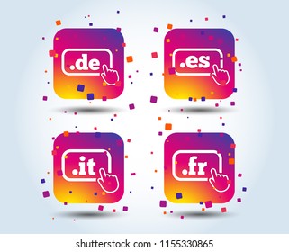Top-level internet domain icons. De, It, Es and Fr symbols with hand pointer. Unique national DNS names. Colour gradient square buttons. Flat design concept. Vector