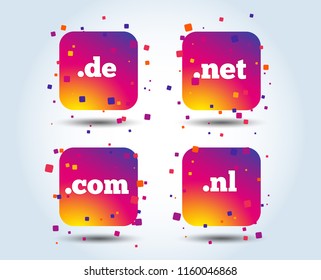 Top-level internet domain icons. De, Com, Net and Nl symbols. Unique national DNS names. Colour gradient square buttons. Flat design concept. Vector