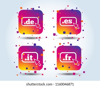 Top-level internet domain icons. De, It, Es and Fr symbols with cursor pointer. Unique national DNS names. Colour gradient square buttons. Flat design concept. Vector