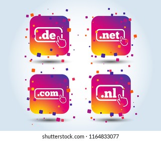 Top-level internet domain icons. De, Com, Net and Nl symbols with hand pointer. Unique national DNS names. Colour gradient square buttons. Flat design concept. Vector