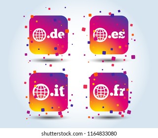 Top-level internet domain icons. De, It, Es and Fr symbols with globe. Unique national DNS names. Colour gradient square buttons. Flat design concept. Vector