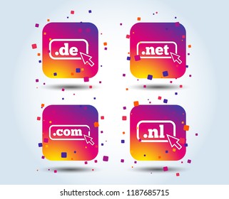 Top-level internet domain icons. De, Com, Net and Nl symbols with cursor pointer. Unique national DNS names. Colour gradient square buttons. Flat design concept. Vector