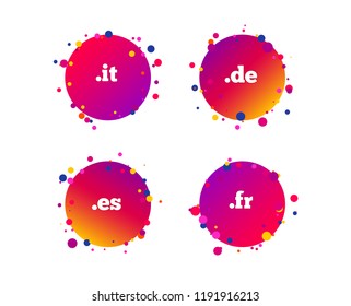 Top-level internet domain icons. De, It, Es and Fr symbols. Unique national DNS names. Gradient circle buttons with icons. Random dots design. Vector