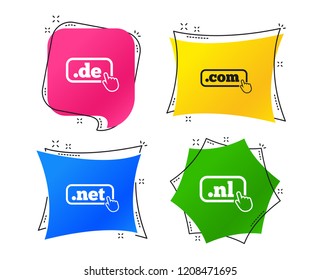 Top-level internet domain icons. De, Com, Net and Nl symbols with hand pointer. Unique national DNS names. Geometric colorful tags. Banners with flat icons. Trendy design. Vector