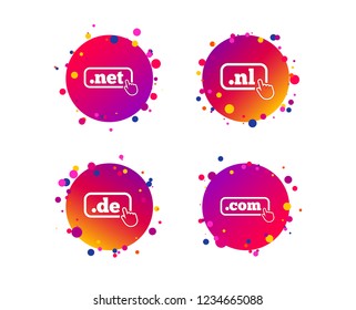 Top-level internet domain icons. De, Com, Net and Nl symbols with hand pointer. Unique national DNS names. Gradient circle buttons with icons. Random dots design. Vector