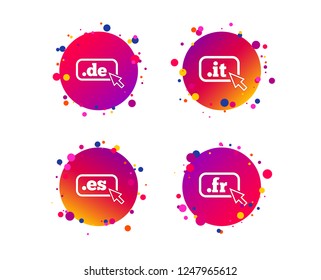 Top-level internet domain icons. De, It, Es and Fr symbols with cursor pointer. Unique national DNS names. Gradient circle buttons with icons. Random dots design. Vector