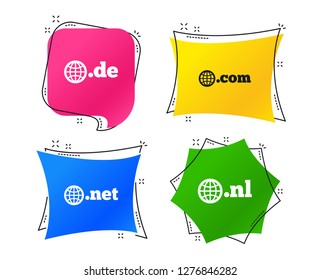 Top-level internet domain icons. De, Com, Net and Nl symbols with globe. Unique national DNS names. Geometric colorful tags. Banners with flat icons. Trendy design. Vector