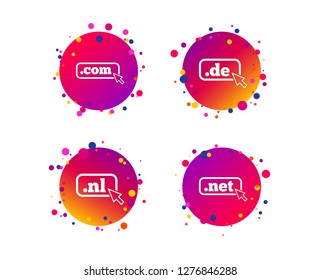 Top-level internet domain icons. De, Com, Net and Nl symbols with cursor pointer. Unique national DNS names. Gradient circle buttons with icons. Random dots design. Vector