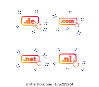 Top-level internet domain icons. De, Com, Net and Nl symbols with hand pointer. Unique national DNS names. Random dynamic shapes. Gradient domain icon. Vector