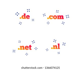 Top-level internet domain icons. De, Com, Net and Nl symbols. Unique national DNS names. Random dynamic shapes. Gradient domain icon. Vector