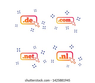 Top-level internet domain icons. De, Com, Net and Nl symbols with cursor pointer. Unique national DNS names. Random dynamic shapes. Gradient domain icon. Vector