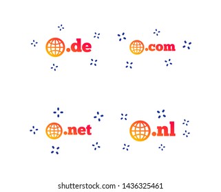 Top-level internet domain icons. De, Com, Net and Nl symbols with globe. Unique national DNS names. Random dynamic shapes. Gradient domain icon. Vector