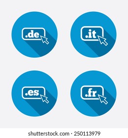Top-level internet domain icons. De, It, Es and Fr symbols with cursor pointer. Unique national DNS names. Circle concept web buttons. Vector