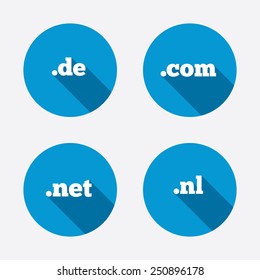 Top-level internet domain icons. De, Com, Net and Nl symbols. Unique national DNS names. Circle concept web buttons. Vector