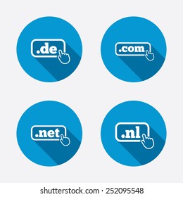 Top-level internet domain icons. De, Com, Net and Nl symbols with hand pointer. Unique national DNS names. Circle concept web buttons. Vector