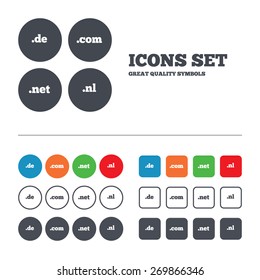 Top-level internet domain icons. De, Com, Net and Nl symbols. Unique national DNS names. Web buttons set. Circles and squares templates. Vector
