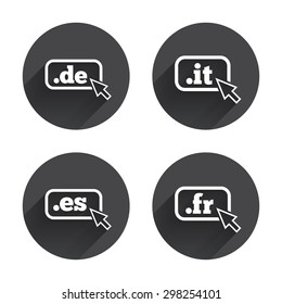 Top-level internet domain icons. De, It, Es and Fr symbols with cursor pointer. Unique national DNS names. Circles buttons with long flat shadow. Vector