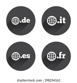 Top-level internet domain icons. De, It, Es and Fr symbols with globe. Unique national DNS names. Circles buttons with long flat shadow. Vector