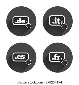 Top-level internet domain icons. De, It, Es and Fr symbols with hand pointer. Unique national DNS names. Circles buttons with long flat shadow. Vector