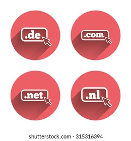 Top-level internet domain icons. De, Com, Net and Nl symbols with cursor pointer. Unique national DNS names. Pink circles flat buttons with shadow. Vector