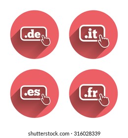 Top-level internet domain icons. De, It, Es and Fr symbols with hand pointer. Unique national DNS names. Pink circles flat buttons with shadow. Vector
