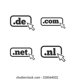 Top-level internet domain icons. De, Com, Net and Nl symbols with cursor pointer. Unique national DNS names. Flat icons on white. Vector