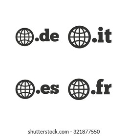 Top-level internet domain icons. De, It, Es and Fr symbols with globe. Unique national DNS names. Flat icons on white. Vector