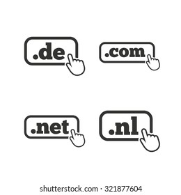 Top-level internet domain icons. De, Com, Net and Nl symbols with hand pointer. Unique national DNS names. Flat icons on white. Vector