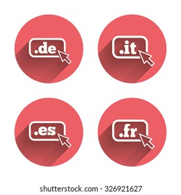 Top-level internet domain icons. De, It, Es and Fr symbols with cursor pointer. Unique national DNS names. Pink circles flat buttons with shadow. Vector