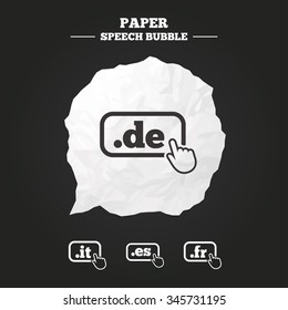 Top-level internet domain icons. De, It, Es and Fr symbols with hand pointer. Unique national DNS names. Paper speech bubble with icon.