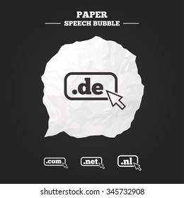 Top-level internet domain icons. De, Com, Net and Nl symbols with cursor pointer. Unique national DNS names. Paper speech bubble with icon.
