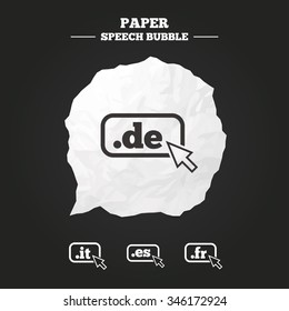 Top-level internet domain icons. De, It, Es and Fr symbols with cursor pointer. Unique national DNS names. Paper speech bubble with icon.