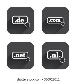 Top-level internet domain icons. De, Com, Net and Nl symbols with hand pointer. Unique national DNS names. Square flat buttons with long shadow.