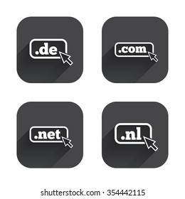 Top-level internet domain icons. De, Com, Net and Nl symbols with cursor pointer. Unique national DNS names. Square flat buttons with long shadow.