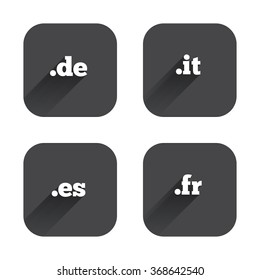 Top-level internet domain icons. De, It, Es and Fr symbols. Unique national DNS names. Square flat buttons with long shadow.