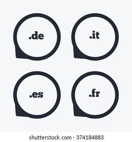 Top-level internet domain icons. De, It, Es and Fr symbols. Unique national DNS names. Flat icon pointers.