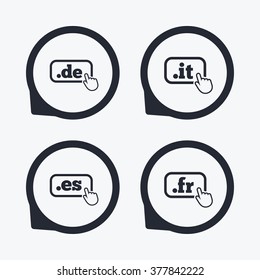 Top-level internet domain icons. De, It, Es and Fr symbols with hand pointer. Unique national DNS names. Flat icon pointers.