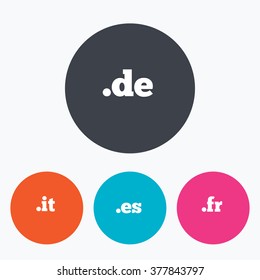Top-level internet domain icons. De, It, Es and Fr symbols. Unique national DNS names. Circle flat buttons with icon.