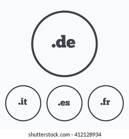 Top-level internet domain icons. De, It, Es and Fr symbols. Unique national DNS names. Icons in circles.