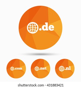 Top-level internet domain icons. De, Com, Net and Nl symbols with globe. Unique national DNS names. Triangular low poly buttons with shadow. Vector