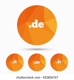 Top-level internet domain icons. De, It, Es and Fr symbols. Unique national DNS names. Triangular low poly buttons with shadow. Vector