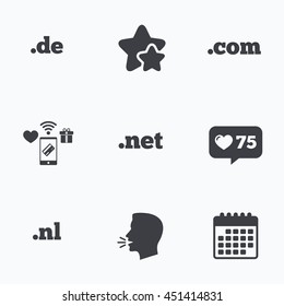 Top-level internet domain icons. De, Com, Net and Nl symbols. Unique national DNS names. Flat talking head, calendar icons. Stars, like counter icons. Vector